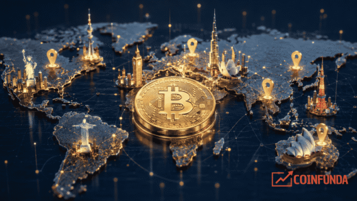 Digital world map with a Bitcoin coin highlighting the top crypto-friendly countries and global blockchain adoption.
