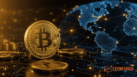 Illustration of Bitcoin connected to a blockchain network representing decentralized digital currency.