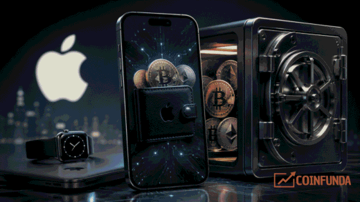 Editorial illustration showing an Apple-inspired smartphone beside Bitcoin and Ethereum coins, representing why Apple Still Hasn’t Built a Native Crypto Wallet