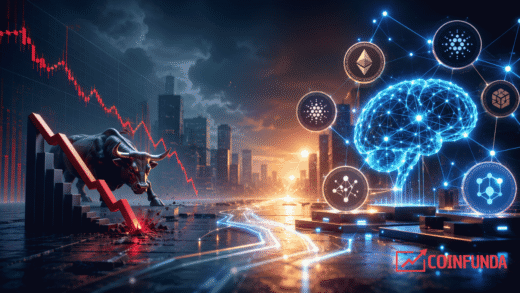 A futuristic illustration showing falling AI stock charts alongside decentralized AI crypto networks and blockchain infrastructure