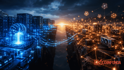What Happens to Crypto If AI Gets Too Expensive? A futuristic illustration showing AI data centers connected to decentralized blockchain-powered GPU networks, representing the rising cost of AI infrastructure.