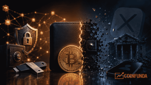 What Happens If Your Crypto Wallet Company Disappears? A digital crypto wallet splitting apart with a secure Bitcoin wallet on one side and a disappearing wallet company on the other.