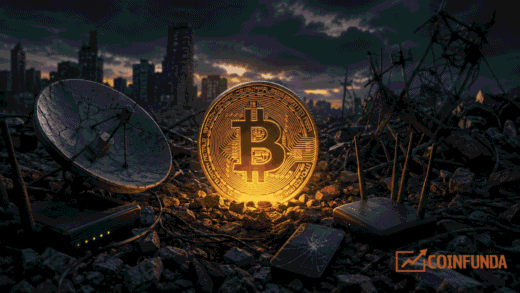 Illustration of Could Bitcoin Survive a Week Without the Internet with damaged communication infrastructure, satellites, and resilient blockchain technology.